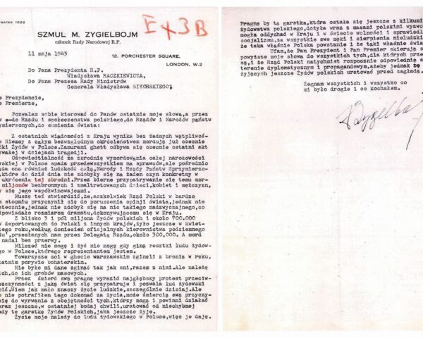 List pożegnalny Szmula Zygielbojma; źródło: Barbara Kirshenblatt-Gimblett, Antony Polonsky (red. nauk.), Polin. 1000 lat historii Żydów polskich, Warszawa: Muzeum Historii Żydów Polskich, 2014, s. 346