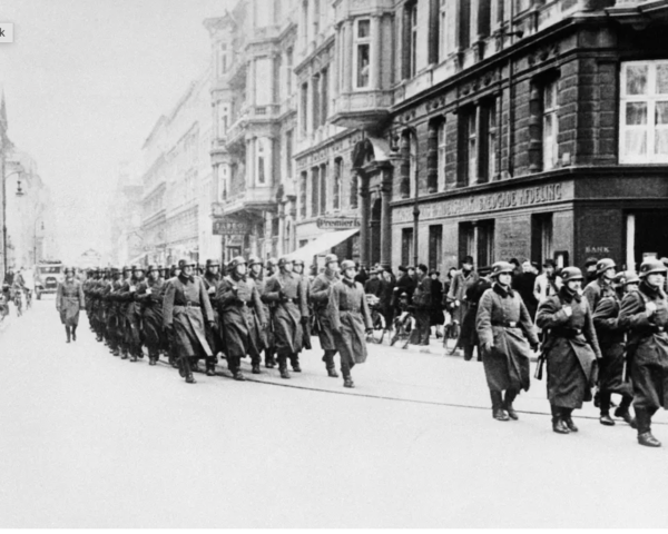 German troops parade in Copenhagen, Denmark on April 20, 1940, to celebrate Hitler’s birthday.